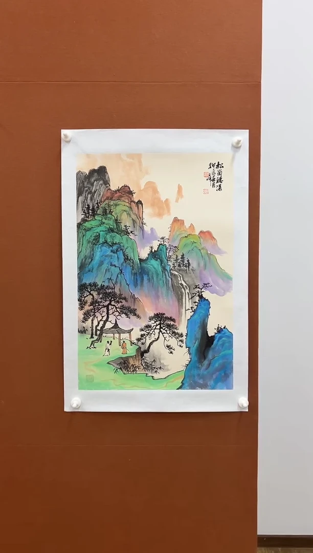 国画李文峰四尺三开重彩青绿山水