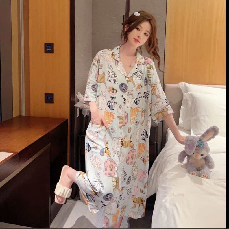 【露丝-破冰蓝】夏季薄款睡裙韩版加大码款家居服休闲舒适春夏