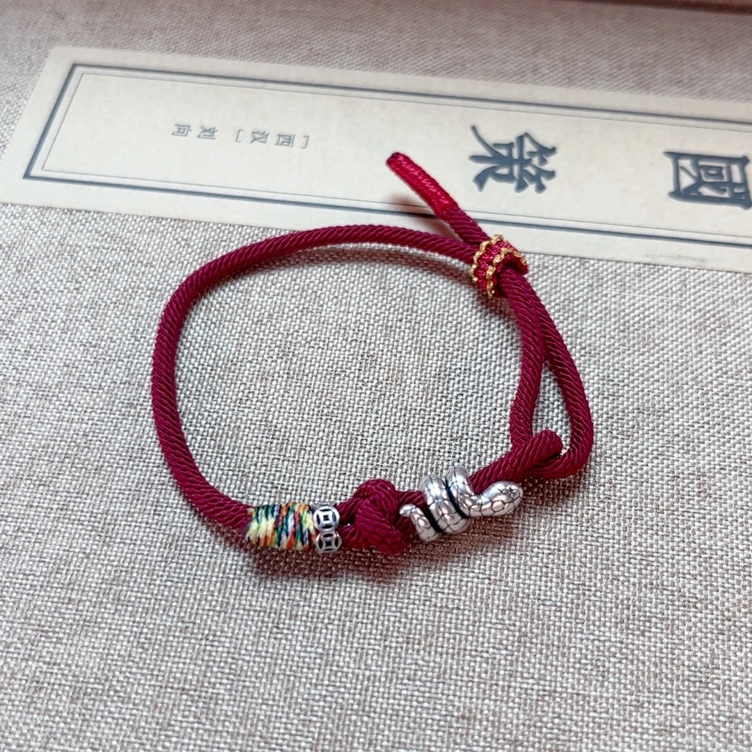 925银布艺手链 S925银复古国风蛇年红绳手链本命年新款可调节小众