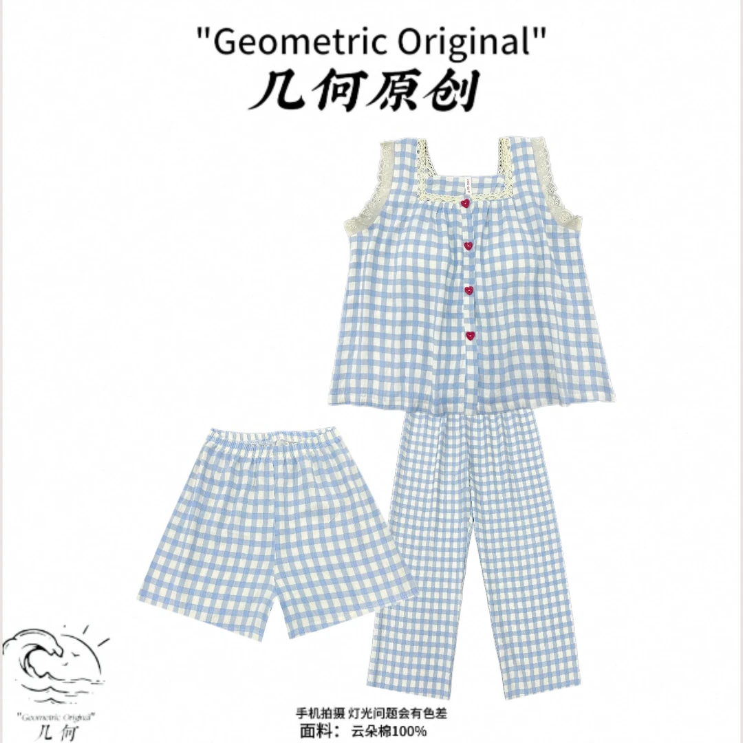 浅蓝格子背心三件套睡衣家居服夏季薄款睡衣女款爆款2025新款