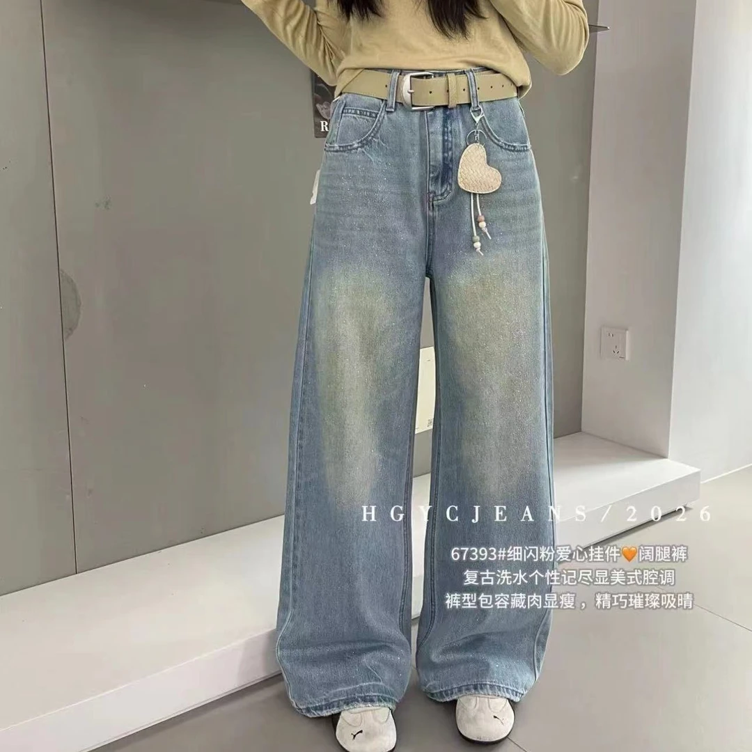 ZOZO-67393-890春夏新款女细闪桃心挂件复古牛仔阔腿裤