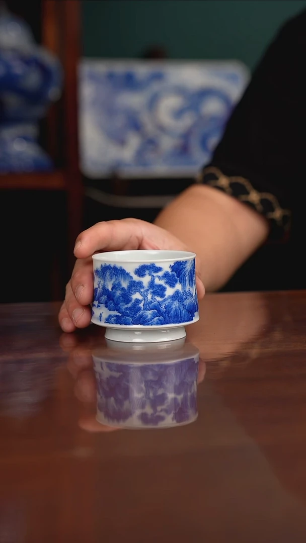 晓月窑青花山水主人杯