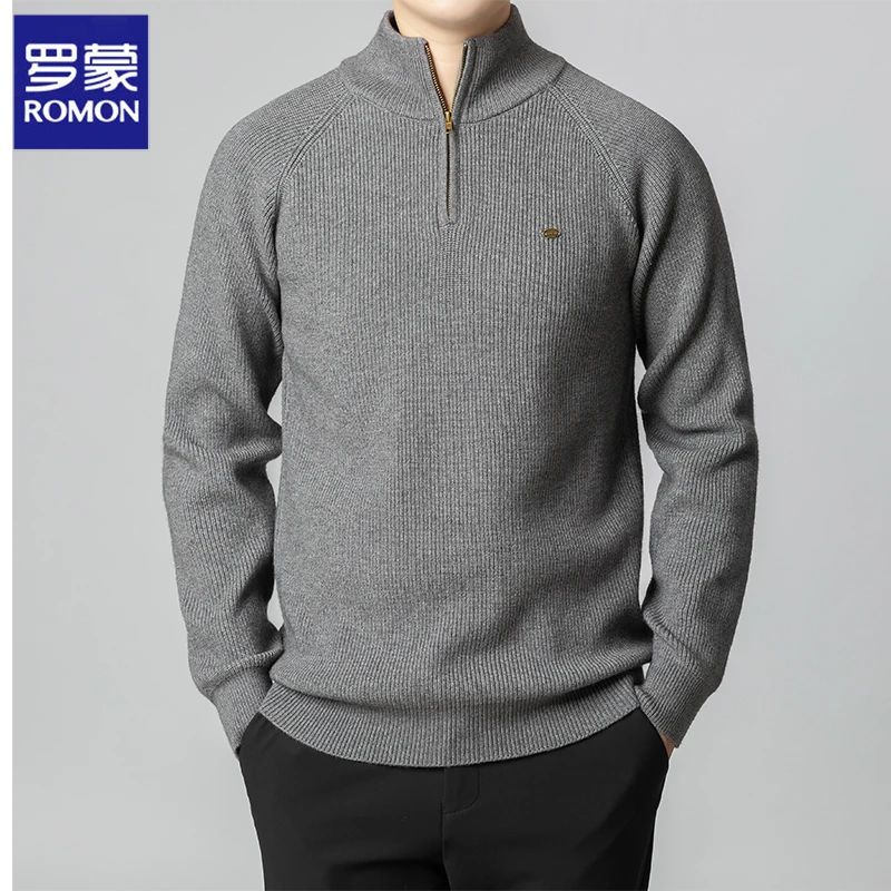 Romon/罗蒙春秋季男士时尚半拉链圆领针织衫毛衣保暖舒适打底衫