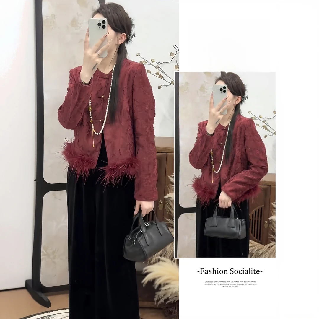 拉夏贝尔新中式短外套秋季新款气质显瘦长袖重工提花盘扣上衣