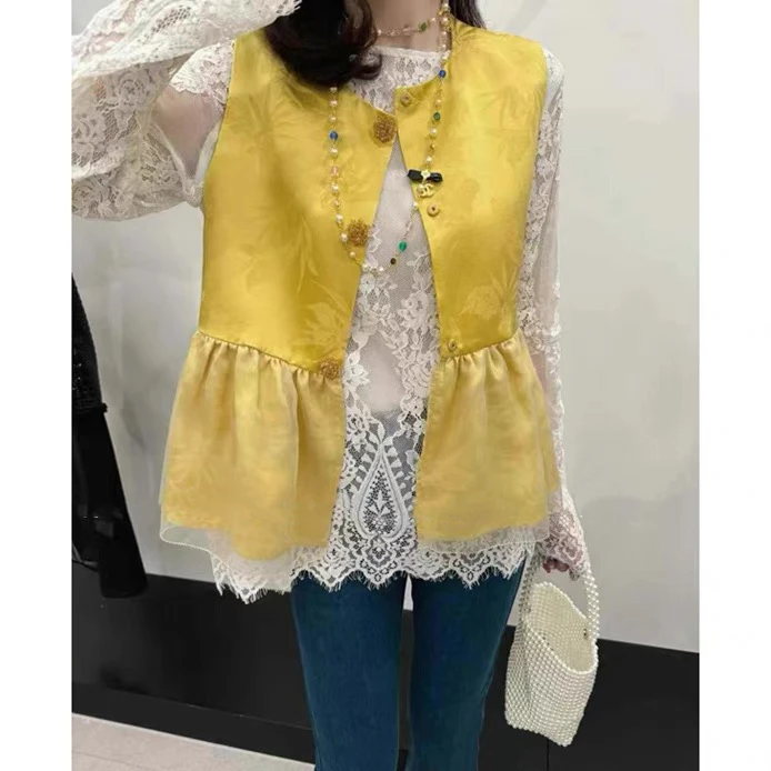 洋洋优选-春季新款中式拼接网纱单排扣无袖马甲背心开衫女YY71239