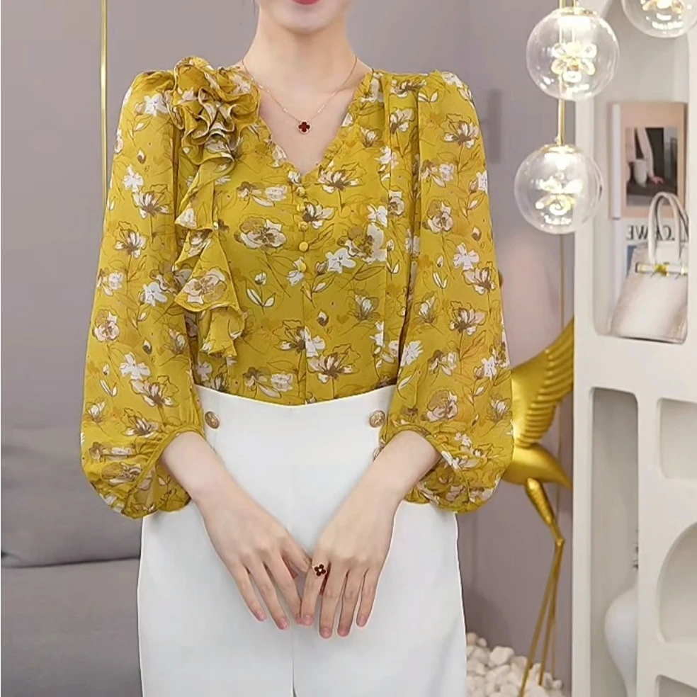 唐熹2025夏季新款【XY23-X111】气质百搭黄色碎花舒适衬衫法式上衣