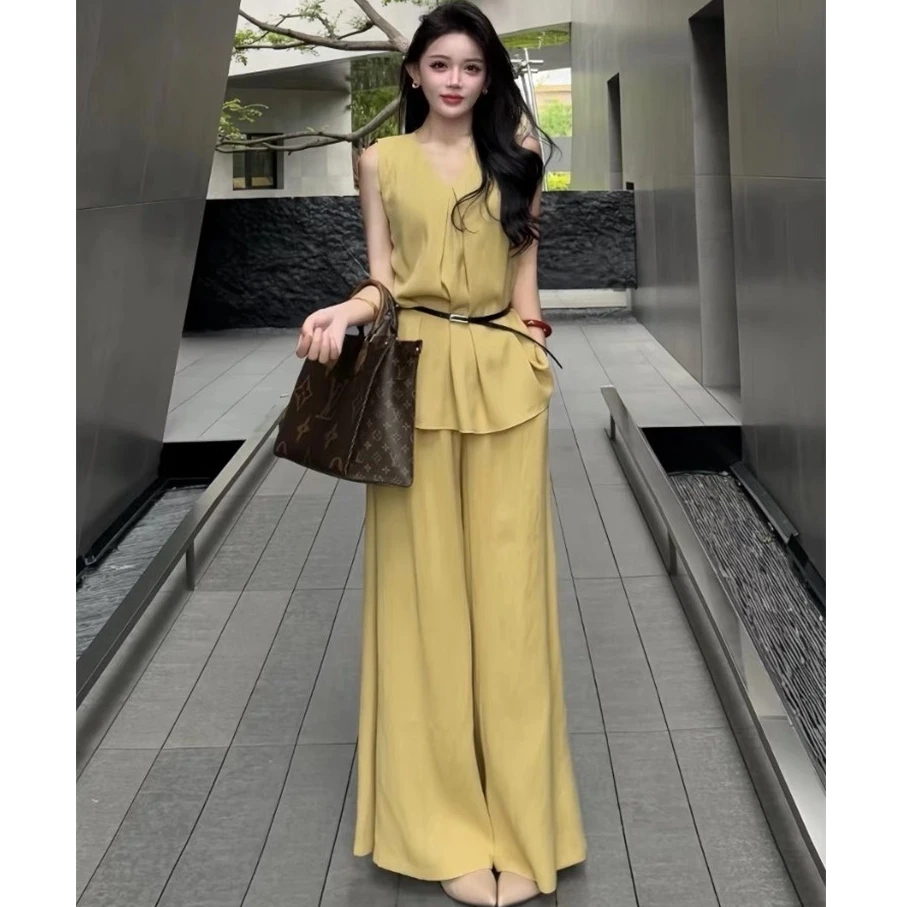 夏季穿搭整套气质女神范高端高级感富家千金感黄色衬衫套装裤子W