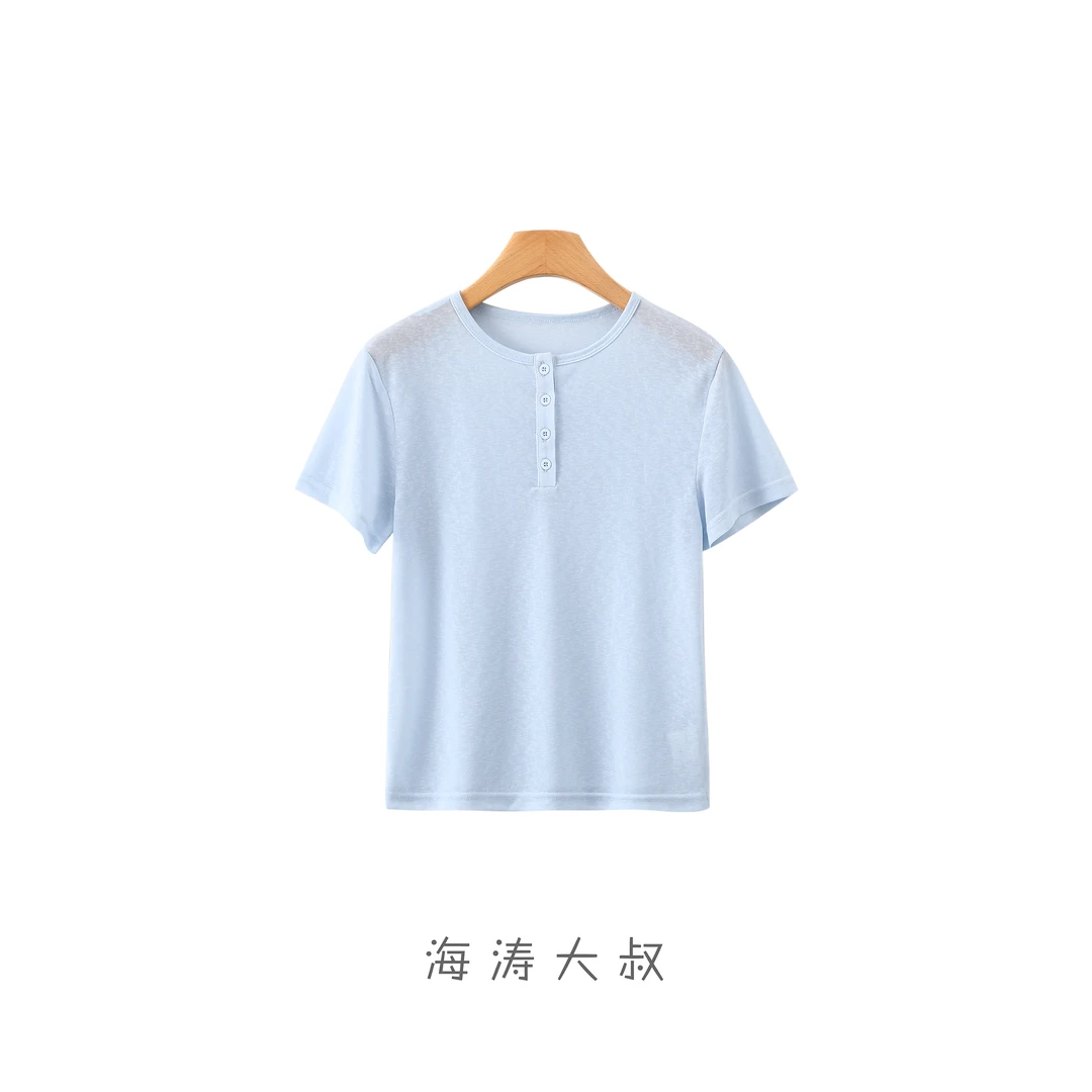 【海涛大叔】「呼吸100分」透视美式薄款半开领纽扣亨利短袖T恤SK3022