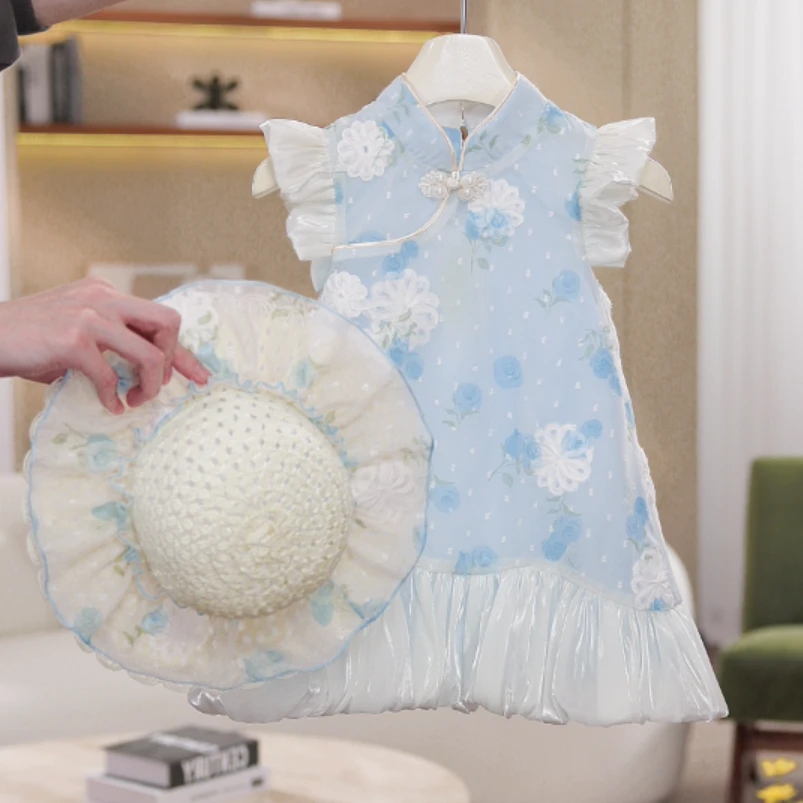 女童洋气小飞袖时尚背心裙女宝宝裙子无袖新中式清新连衣裙SL0241