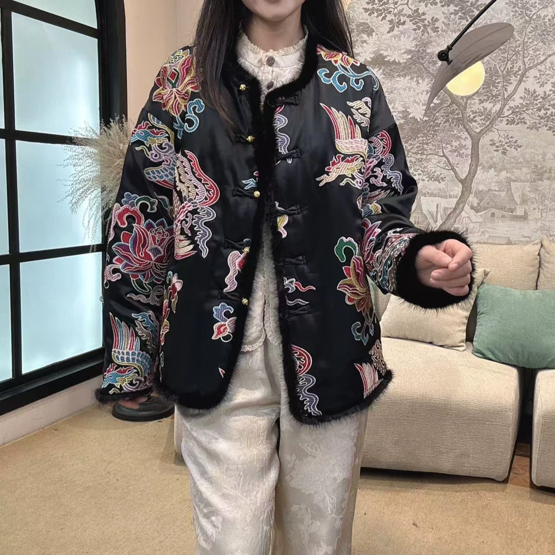 【一潮家】冬季款 新中式时尚高端定制女士毛边夹棉醋酸外套16183