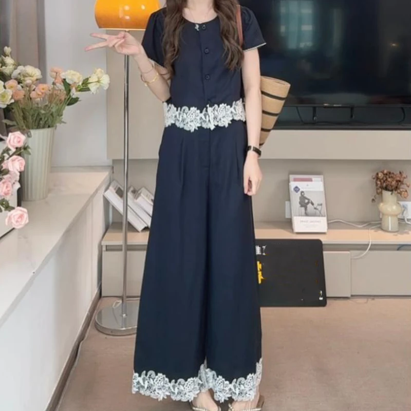 拼接蕾丝套装女2025夏新款小香风百搭宽松休闲显瘦上衣裤子两件套