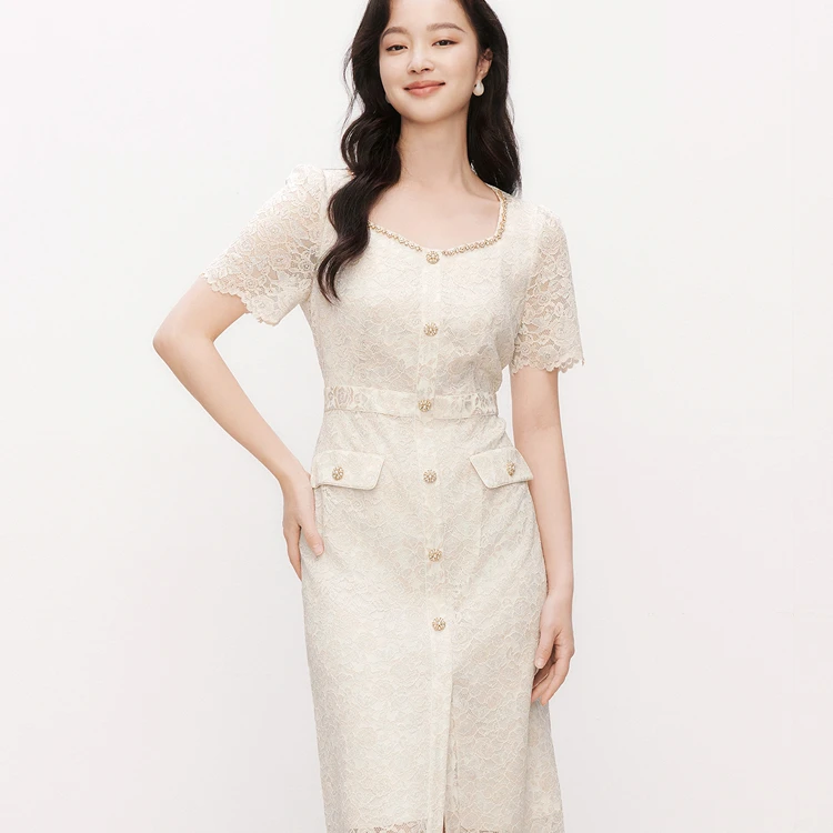 【羊羊专属】夏季优雅收腰钉珠中长款蕾丝连衣裙KF