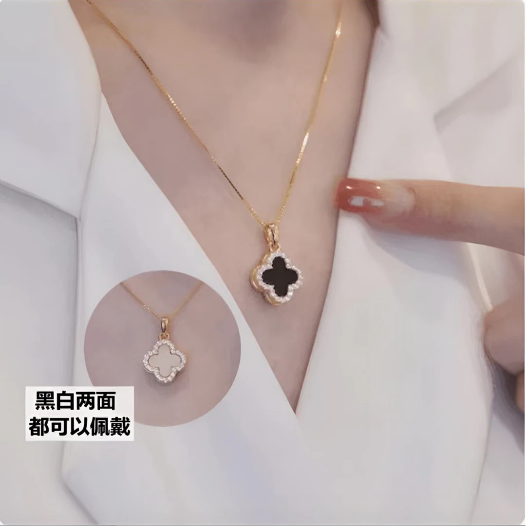 钛钢项链 双面四叶草项链女满钻小众设计感两面简约气质轻奢坠链