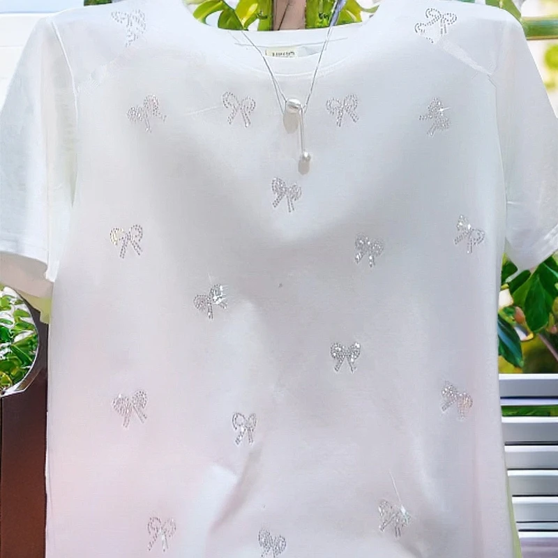 2025夏季新款重工烫钻短袖T恤女时尚宽松洋气爆款白色上衣打底衫