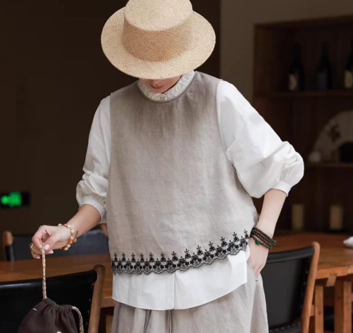 2025夏季重磅9支双雨露麻定位刺绣文艺休闲显瘦马甲罩衫背心27801