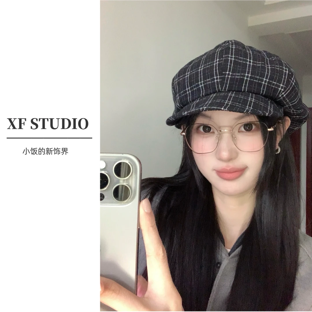 【xf studio】小饭的格纹小众设计款显脸小报童帽 头围松紧不可调