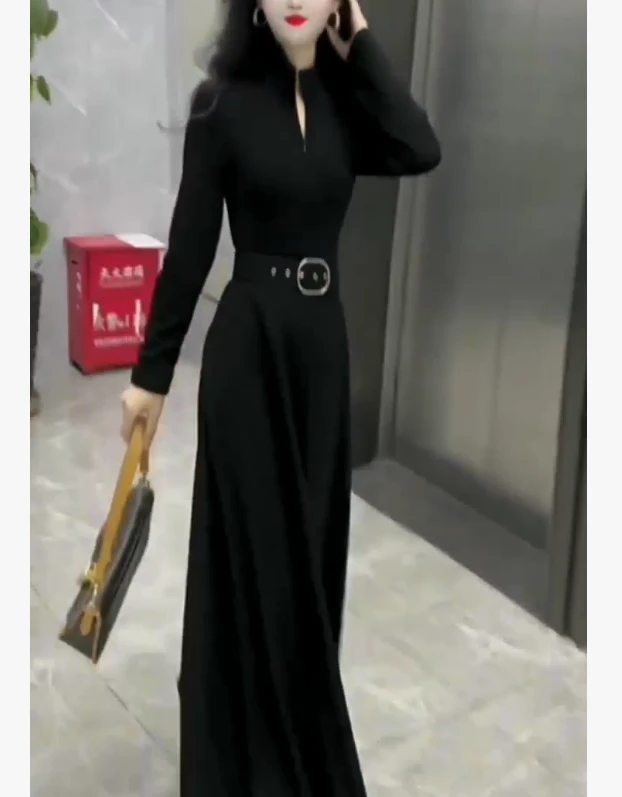 秋冬季立领半高领连衣裙长款法式时尚女装收腰显瘦FJ102502