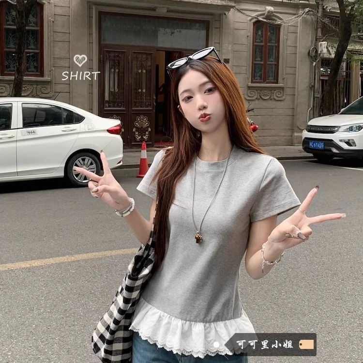 三色下摆拼接修身T恤女圆领百搭显瘦上衣设计感设计感小个子洋气