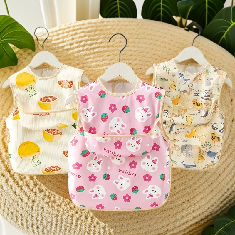 夏季薄款吃饭围兜儿童无袖防水反穿衣围兜宝宝吃饭外穿护衣罩衣