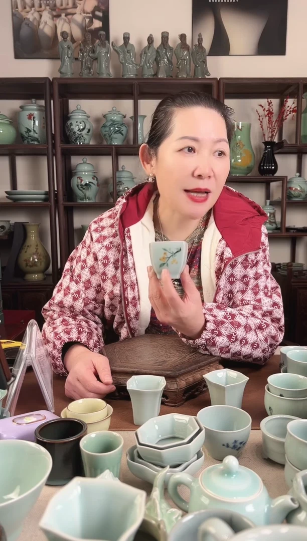 釉中彩 琵琶画 四方杯