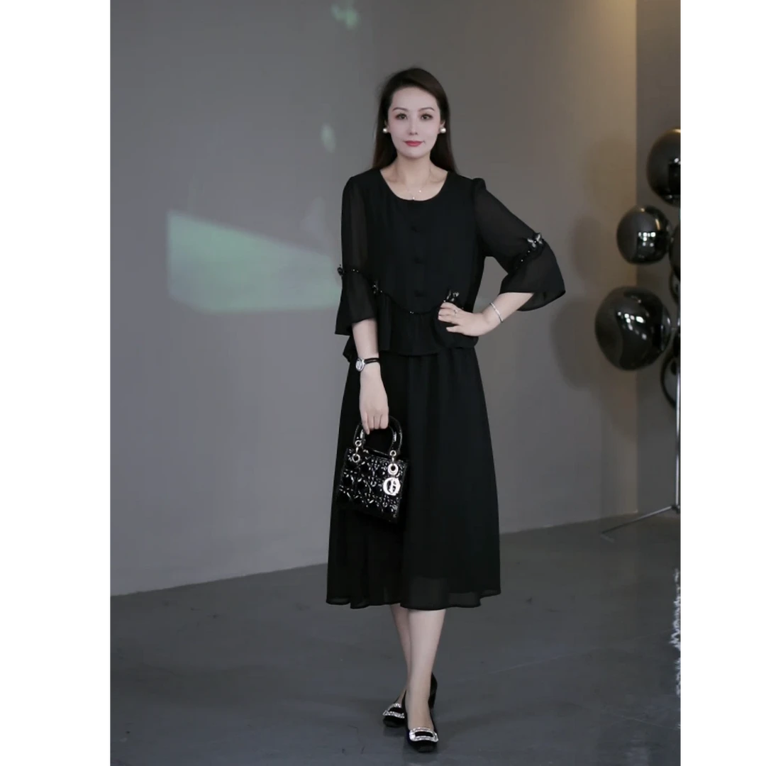 菲姐定制大码女装蝴蝶气质时尚微胖显瘦拼接假两件连衣裙ZB6947