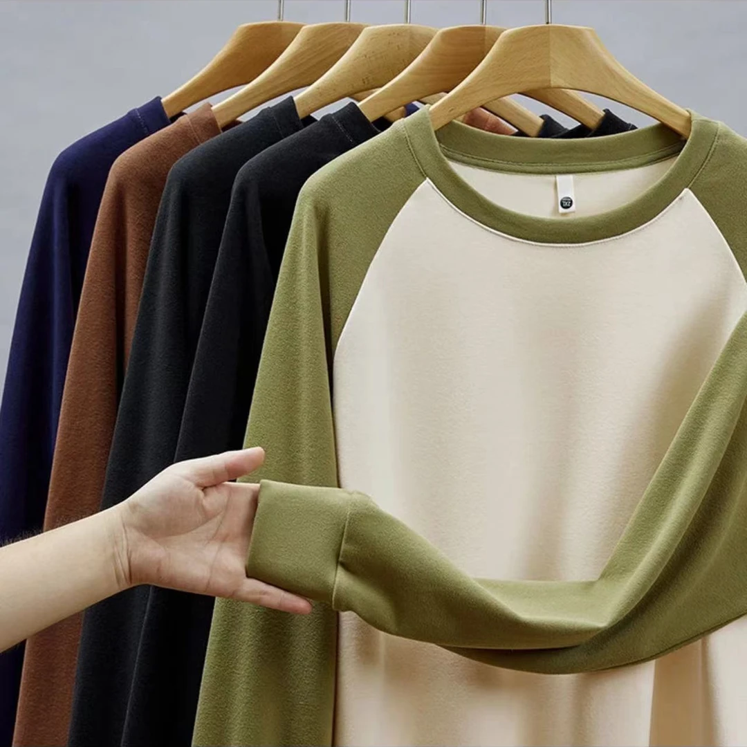 【辉哥】6901-新款时尚休闲百搭宽松圆领拼接撞色长袖简约打底T恤