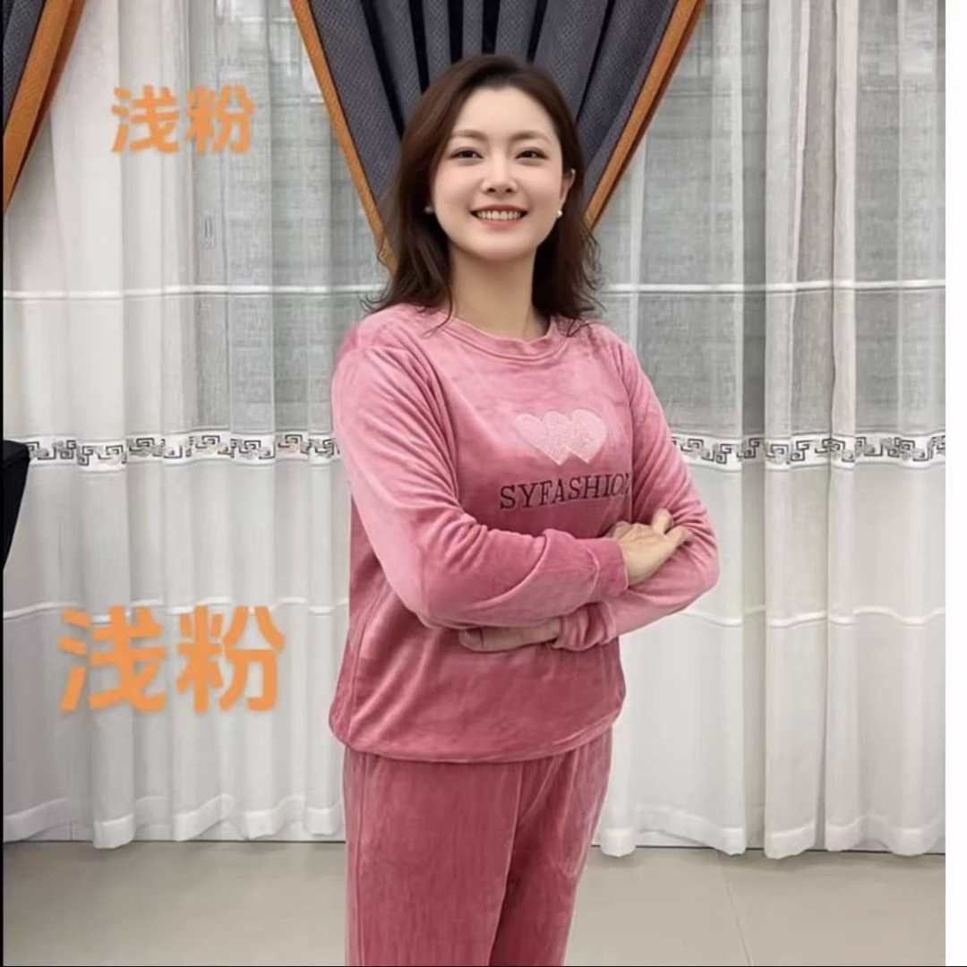 女装保暖长款圆领长袖睡衣家居服套装时尚套装冬季休闲居家纯色