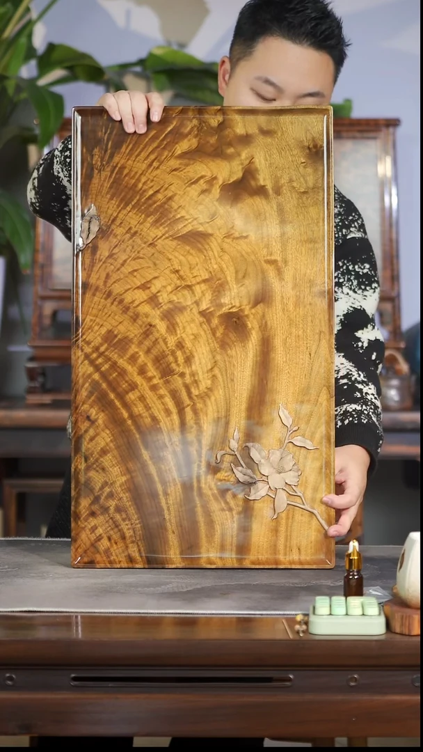 金丝楠132全满水波云彩巧雕山茶花茶盘