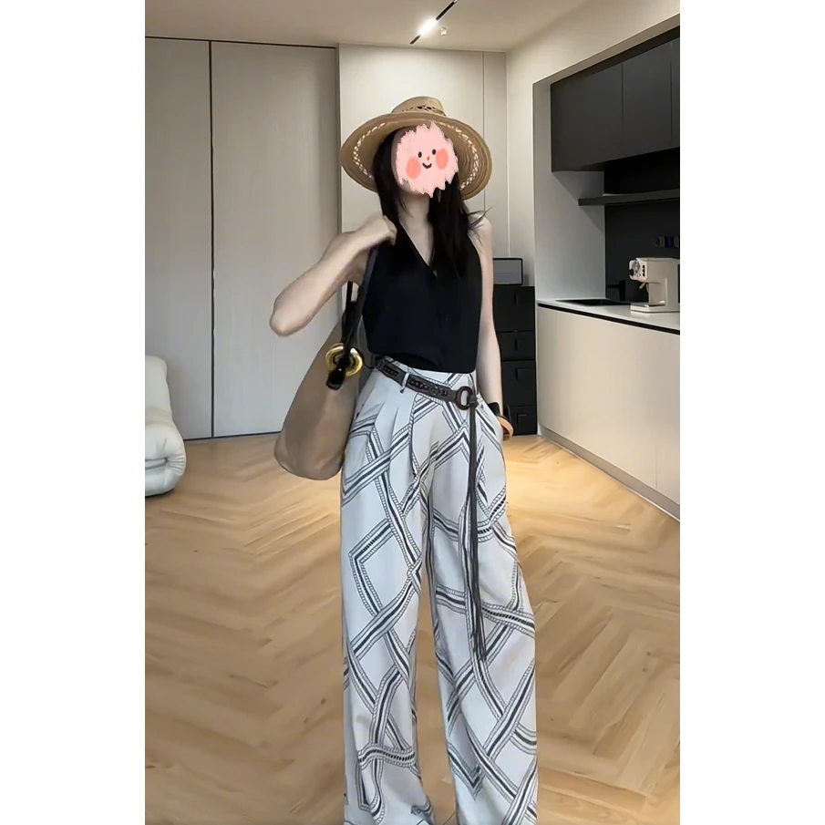 高级感ootd穿搭无袖背心上衣套装裤女夏装搭配条纹阔腿裤两件套装
