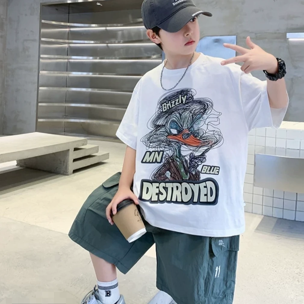 男短袖夏季百搭纯棉动漫T恤运动男童套装休闲装薄款