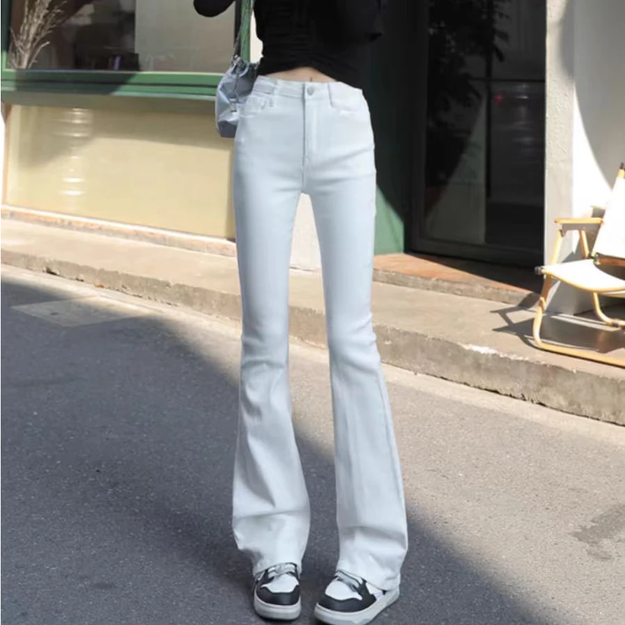 K033高级感白色百搭微喇牛仔裤女春季新款高腰显瘦拖地裤