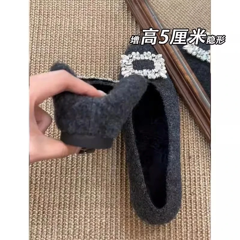 小众方头单鞋内增高5cm韩系晚晚浅口时尚秋冬百搭水钻外穿毛毛鞋