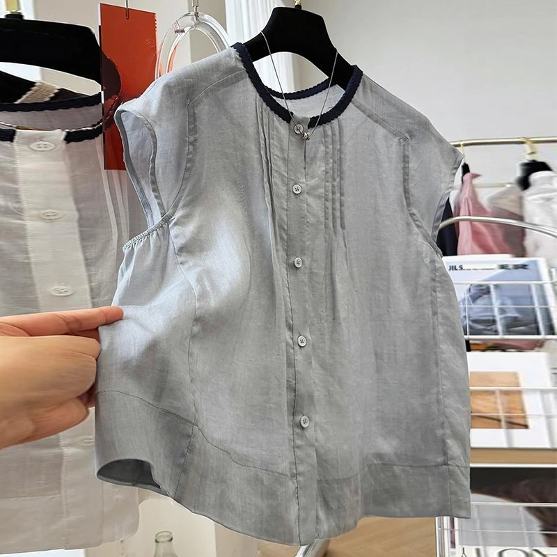 韩系气质高级感无袖衬衫女2025夏季贵气独特洋气小衫时尚上衣