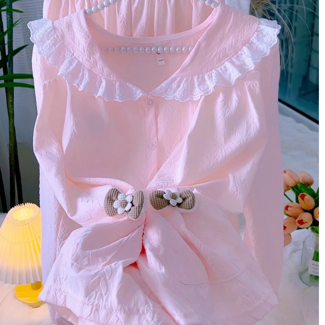 25新款春秋甜美清新女居家服睡衣套装  带胸垫