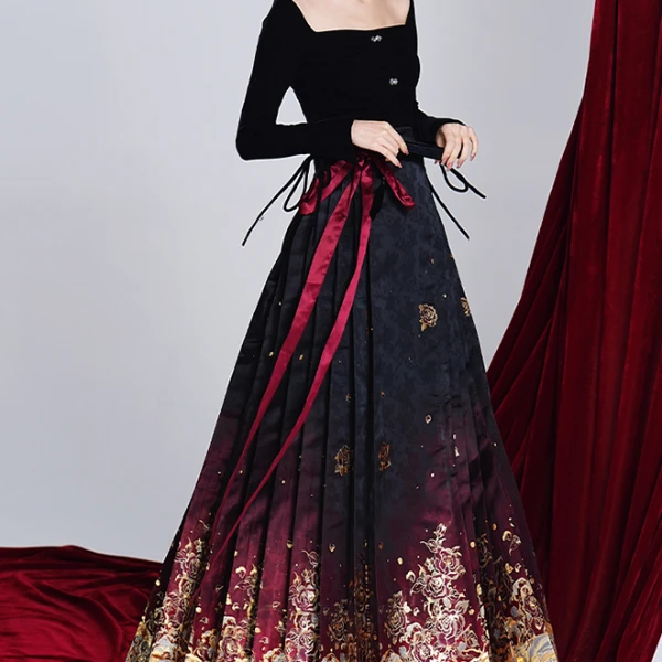 NUMEN BUTTON/灵扣马面裙女2024秋冬渐变织金半身裙礼服套装汉服