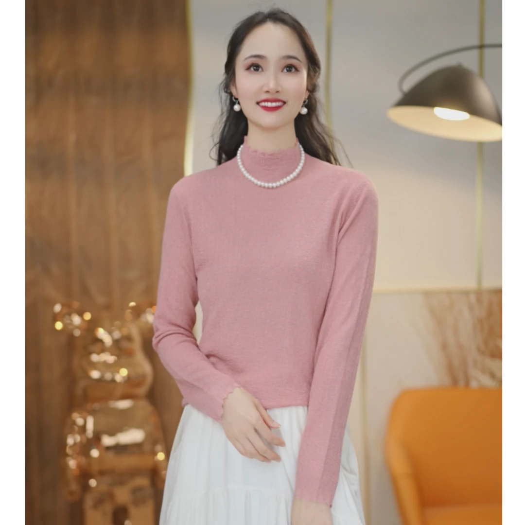 （超细精仿羊毛）早秋新款气质优雅半高领高级百搭长袖上衣11817