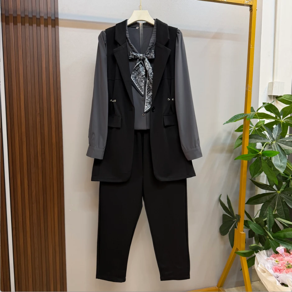 早秋新款时尚气质法式领带结设计轻奢气质优雅马甲三件套套装