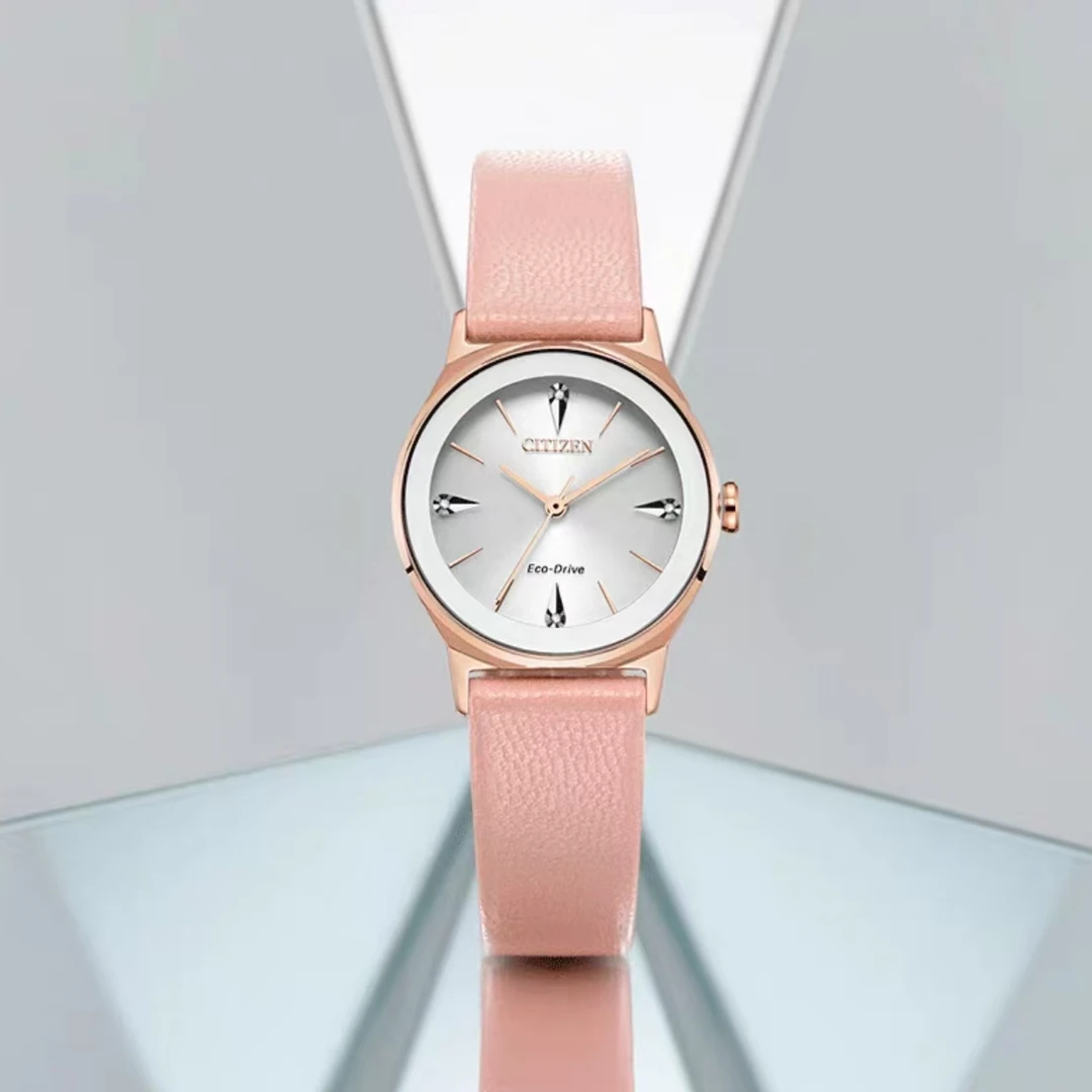 Citizen/西铁城皮带水晶装饰镀粉金色光动能女表EM0733-16A