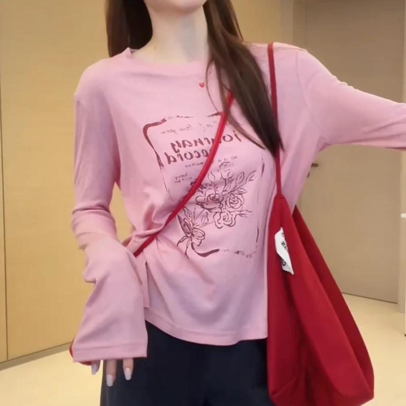 春夏新款设计感长袖百搭宽松别致印花上衣T恤LK2503345