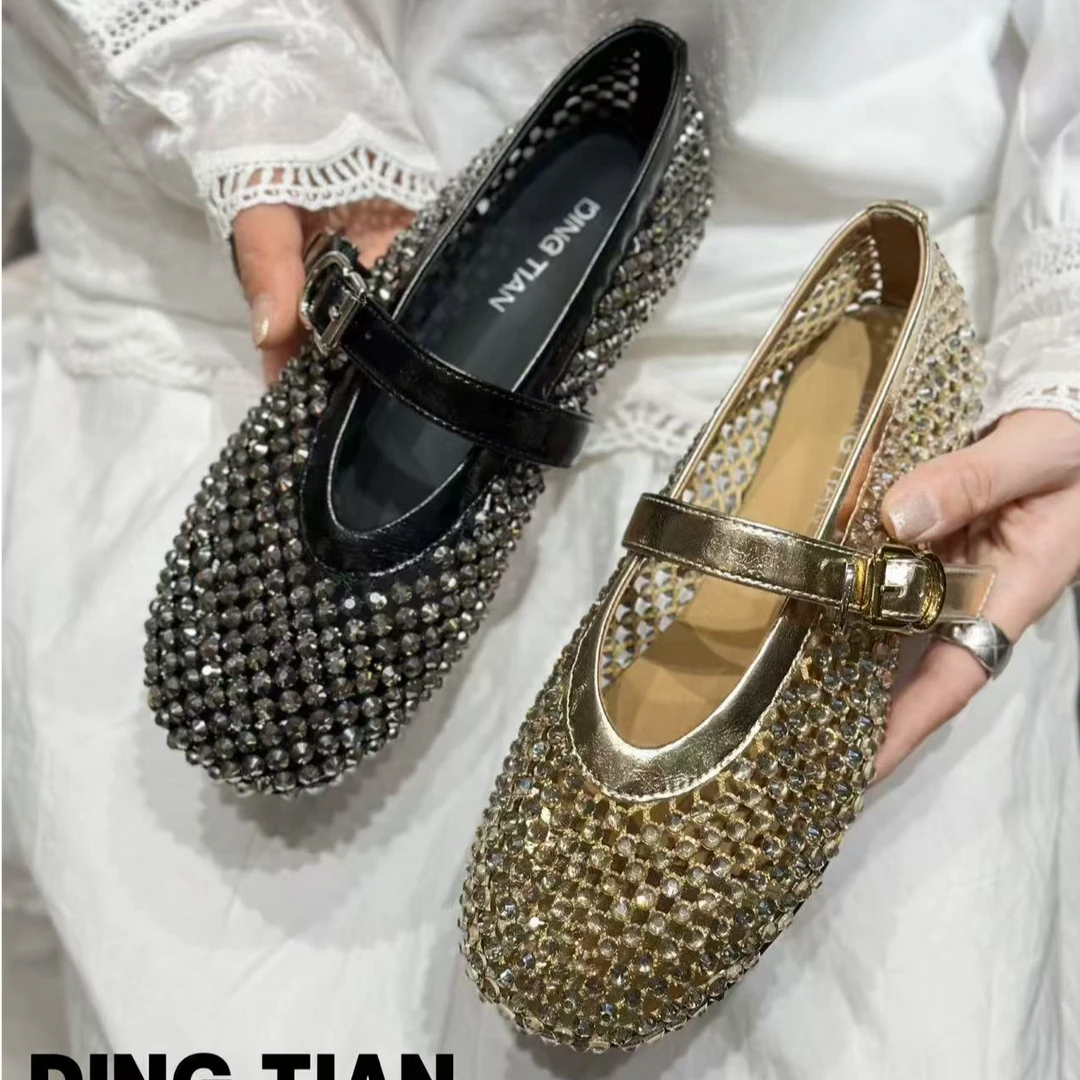 2025春夏新款包头镂空时髦水钻单鞋女软底玛丽珍浅口女鞋百搭气质