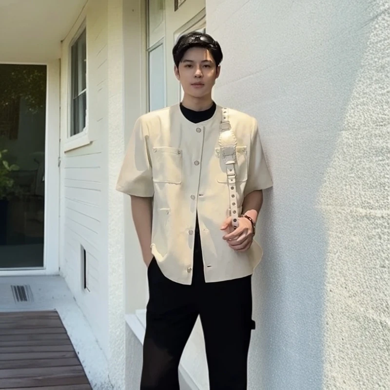 白色小香风垫肩短款外套男痞帅高级感设计师上衣宽松休闲美式夹克