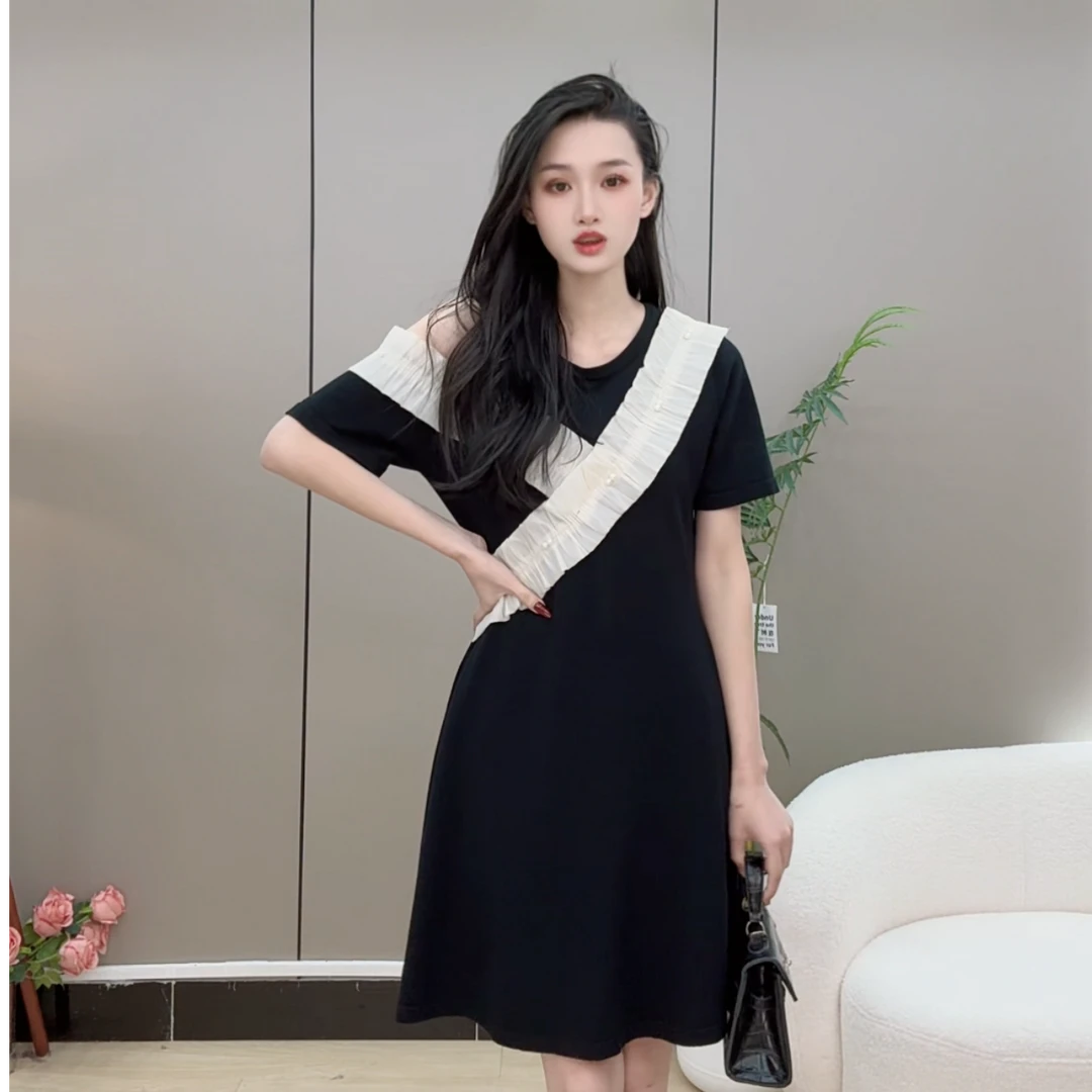 中长款遮肚子显瘦黑色连衣裙女夏装2025新款宽松大码不规则连衣裙