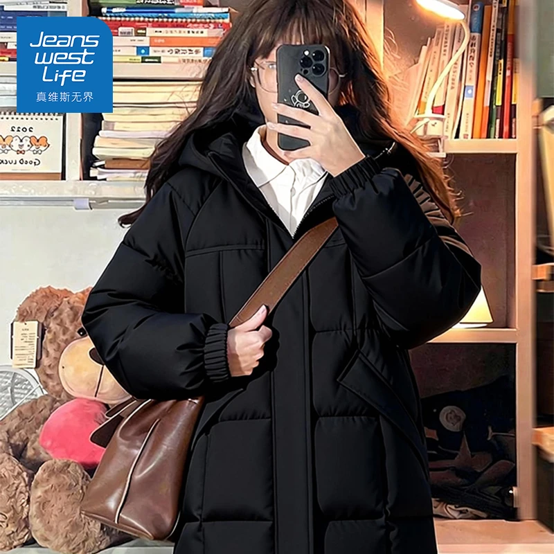 真维斯无界黑色冬季连帽中长款棉服女暗黑机能风过膝防风抗寒大衣