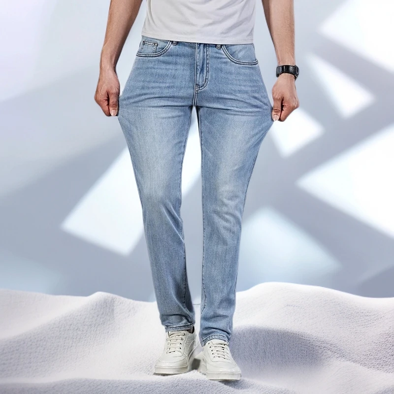 宾斯洛特时尚休闲浅蓝小直筒牛仔裤男装夏款薄款棉弹牛仔裤新款