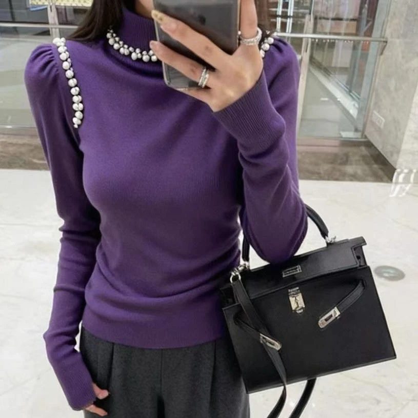 法式半高领甜美钉珠设计感针织衫泡泡袖通勤风上衣5261# qq