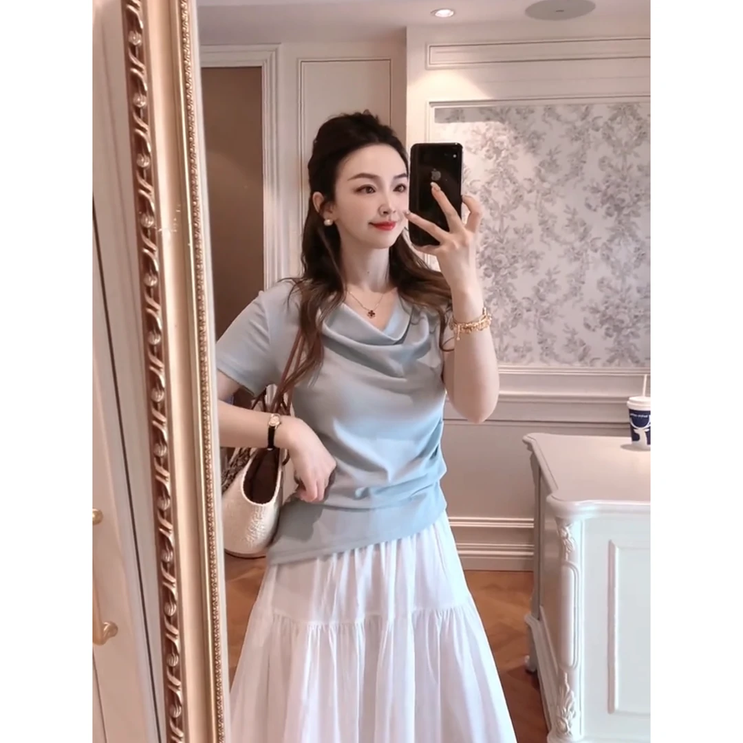 【ZHUJIE】下摆斜边收腰荡领修身显瘦短袖T恤