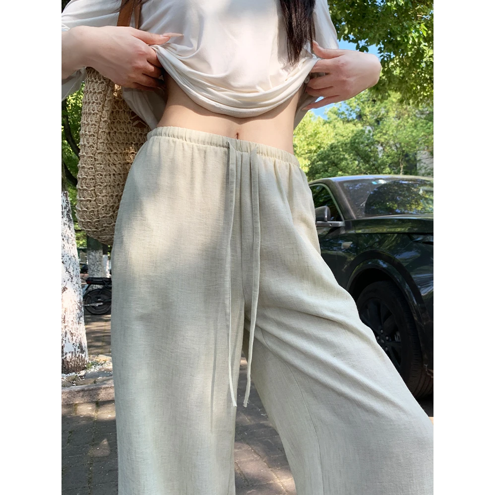 亚麻冰丝阔腿裤女夏季2025年新款高腰垂感宽松显瘦棉麻直筒运动裤