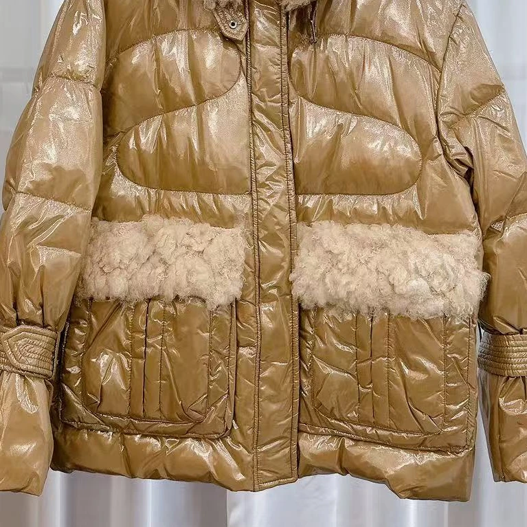 宽松薄款半开领女亮面羽绒服时尚复古港风加厚毛领休闲派克服233