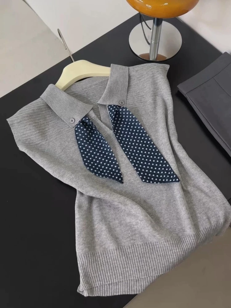 夏日ootd穿搭时尚丝巾翻领小飞袖t恤女夏薄款轻奢高级感气质上衣