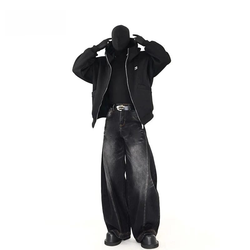 cleanfit黑色扎染弯刀牛仔裤男女春季美式复古高街宽松阔腿长裤子